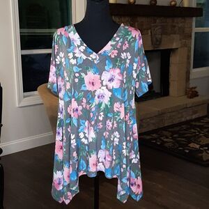 Flamingo Gray with Floral Print Vee Neck Shirt